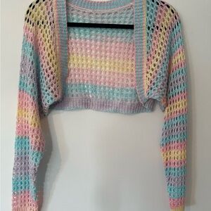 Pastel Striped Open Crochet Knit Shrug Croquette Casual Measurements in photos